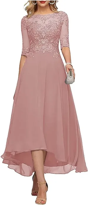 New Lace Appliques Mother of The Bride Dresses for Wedding 3/4 Sleeve Tea Length Beaded Formal Evening Prom Dress