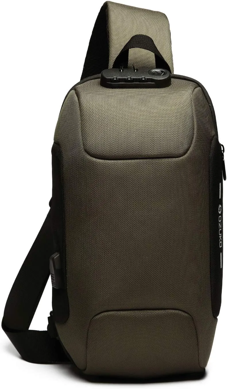 New Men Sling Bag Anti-theft Crossbody Bag Chest Pack with Password Lock,USB, Reflective Stripe Shoulder Bag for Cycling Camping Riding Hiking Waterproof Polyester Light Green