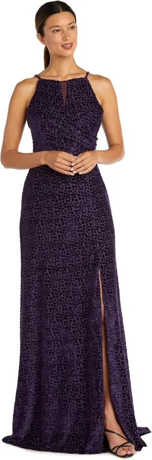 Nightway Women's Long Velvet Mock Wrap Dress W/Sheer V Inset & Side Slit