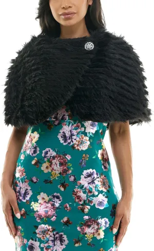 Nina Leonard One Button And Hook Closure Embellished Faux Fur Caplet