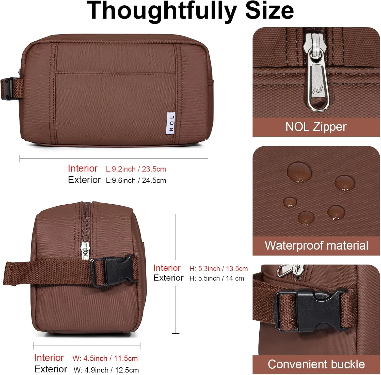 NOL Natural Organic Lifestyle Nylon Waterproof Makeup Bag Lightweight Travel Toiletry Bag for Adults, Reusable, Zip Closure with Buckle Handle, Snack Bag, Travel Cosmetic Bag, Coffee