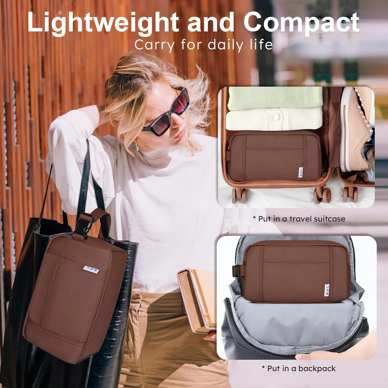 NOL Natural Organic Lifestyle Nylon Waterproof Makeup Bag Lightweight Travel Toiletry Bag for Adults, Reusable, Zip Closure with Buckle Handle, Snack Bag, Travel Cosmetic Bag, Coffee