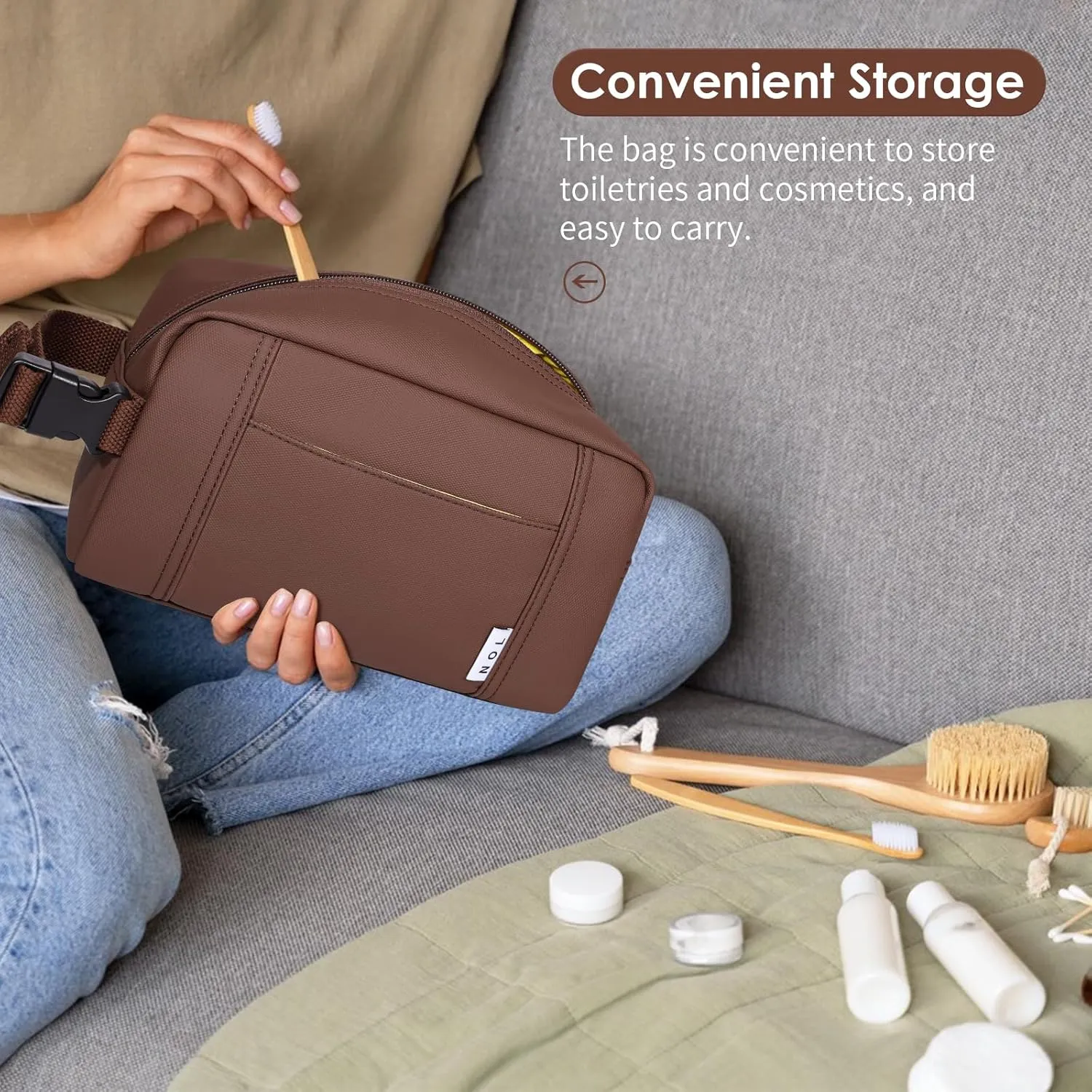 NOL Natural Organic Lifestyle Nylon Waterproof Makeup Bag Lightweight Travel Toiletry Bag for Adults, Reusable, Zip Closure with Buckle Handle, Snack Bag, Travel Cosmetic Bag, Coffee