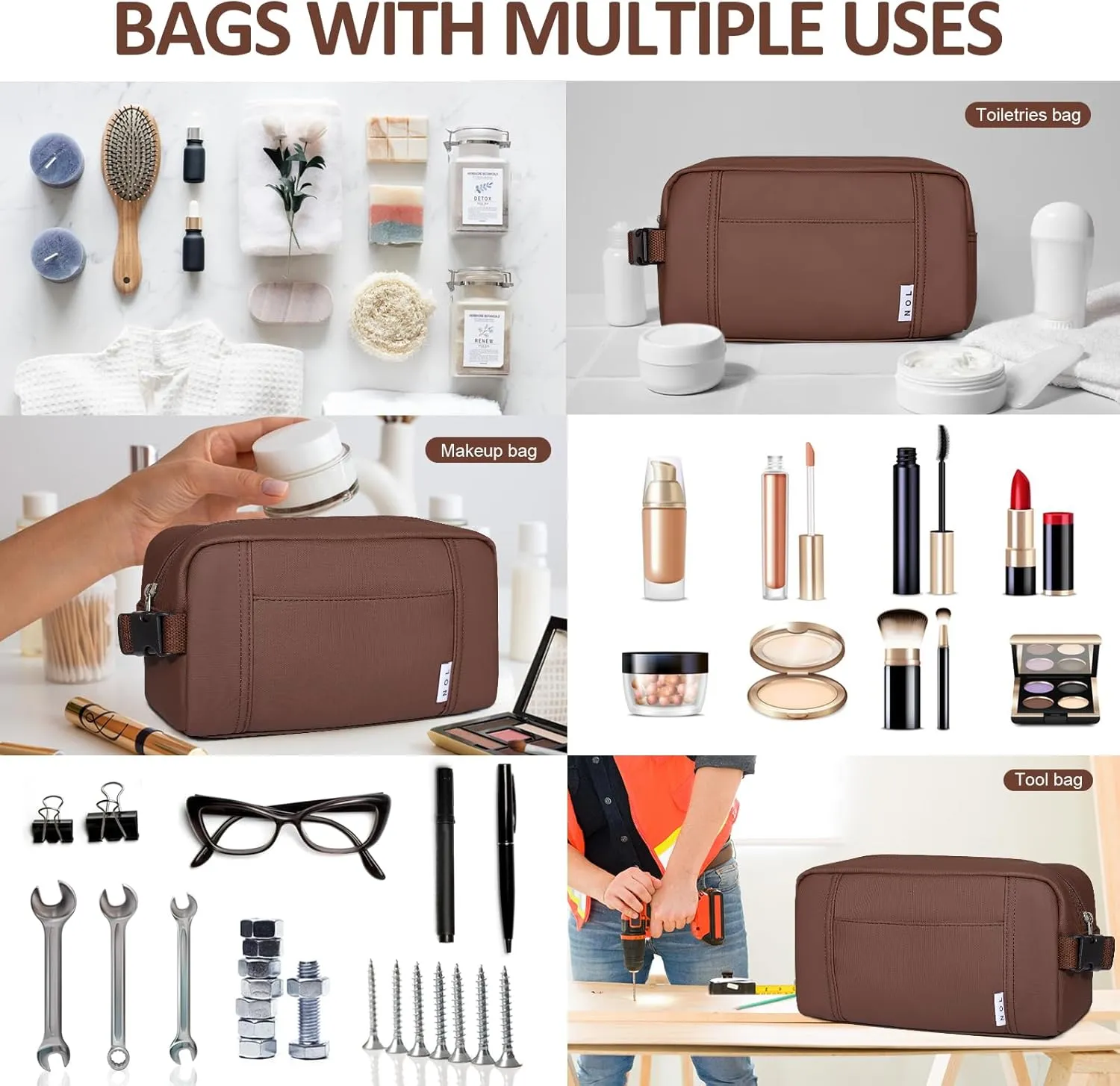 NOL Natural Organic Lifestyle Nylon Waterproof Makeup Bag Lightweight Travel Toiletry Bag for Adults, Reusable, Zip Closure with Buckle Handle, Snack Bag, Travel Cosmetic Bag, Coffee
