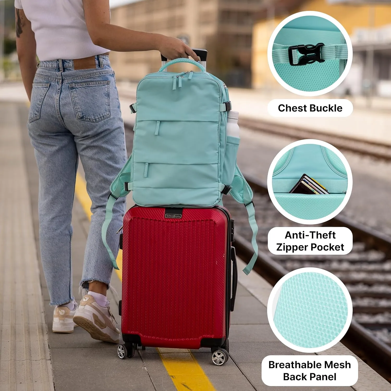 (Not Made In China) Travel Backpack For Men and Women, Airline Approved Carry On Bag w/Shoe Compartment, Fits 16 inch Laptop Computer, Personal Item Bag w/USB Charging Port (Columbus, Mint, 1 Pack)