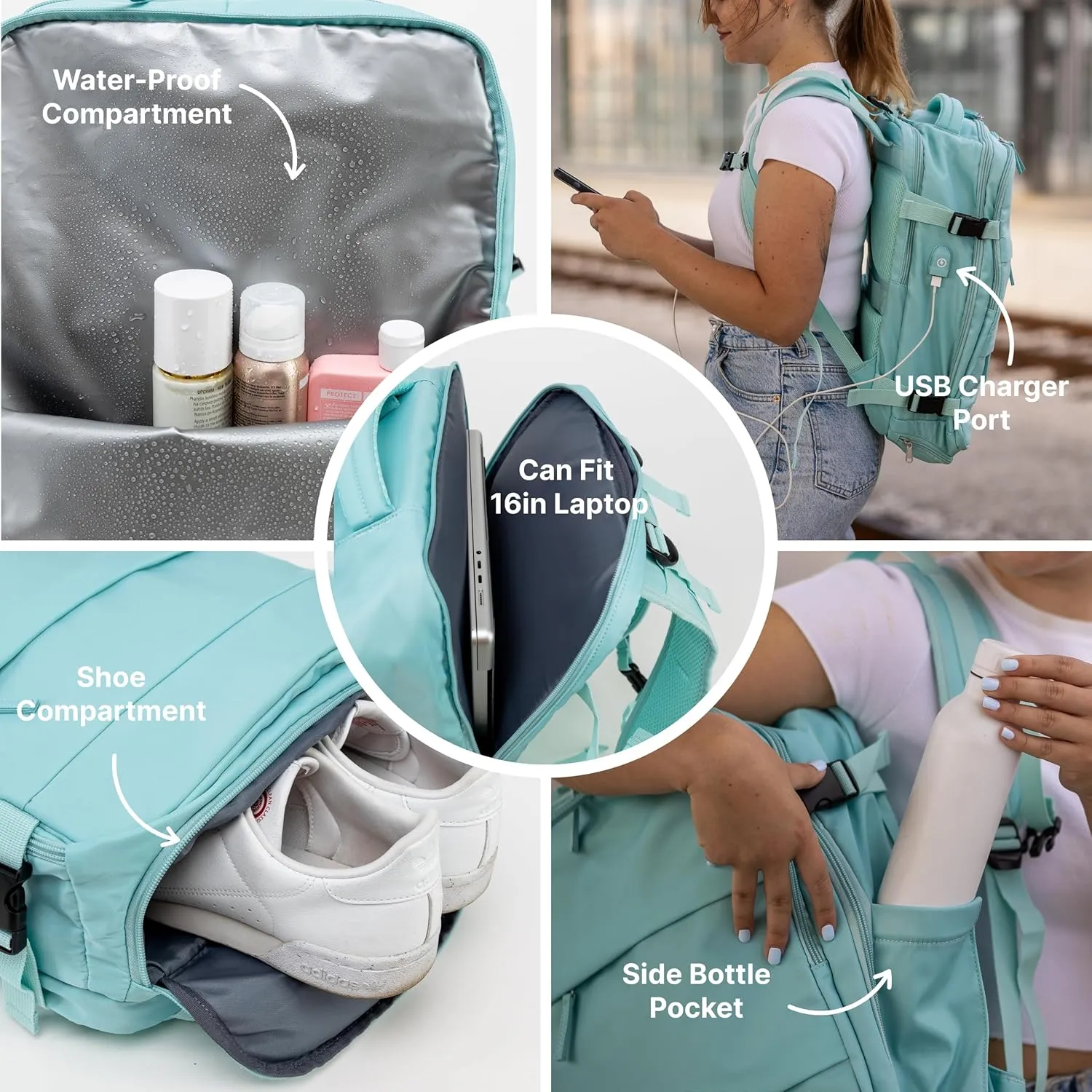 (Not Made In China) Travel Backpack For Men and Women, Airline Approved Carry On Bag w/Shoe Compartment, Fits 16 inch Laptop Computer, Personal Item Bag w/USB Charging Port (Columbus, Mint, 1 Pack)