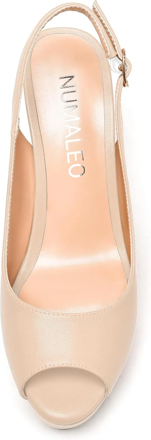 NUMALEO Womens Evening Slingback Buckle Platform Sexy Peep Toe Matte Fashion Wedge High Heel Pumps Shoes 4 Inch