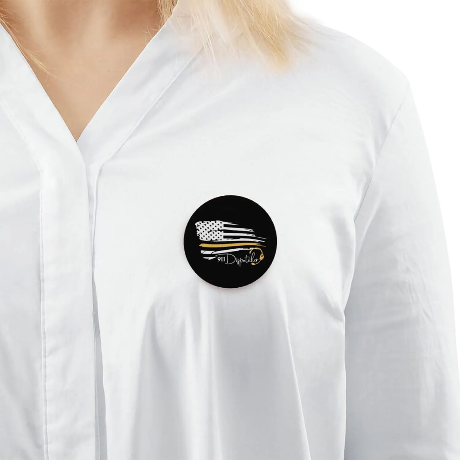 Number 911 Dispatcher Thin Gold Yellow Line Dispatch American Flag Express Your Unique Style with Our Fashionable Round Badges
