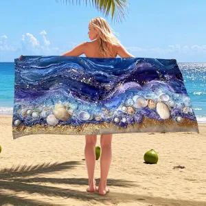 Ocean Waves Colored Beach Towel Artistic Sea Shells Absorbent Soft Oversize Sand Free Lightweight Beach Blanket, Tropical Travel Pool Picnic Essentials 70x35 Inch