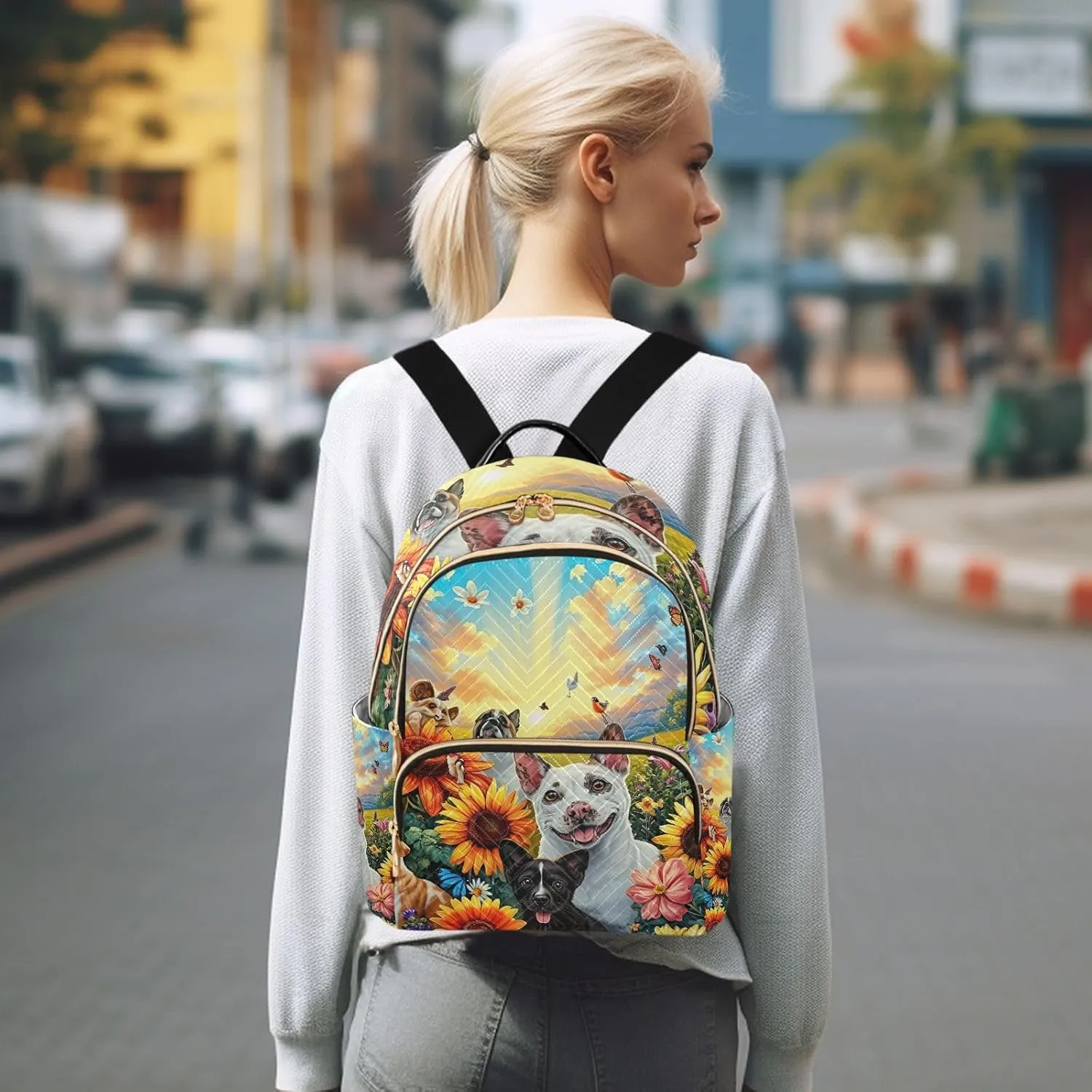 ODAWA Cute Pets Floral Sunset Quilted Backpacks Small Backpack Purse Anti Theft Travel Backpack