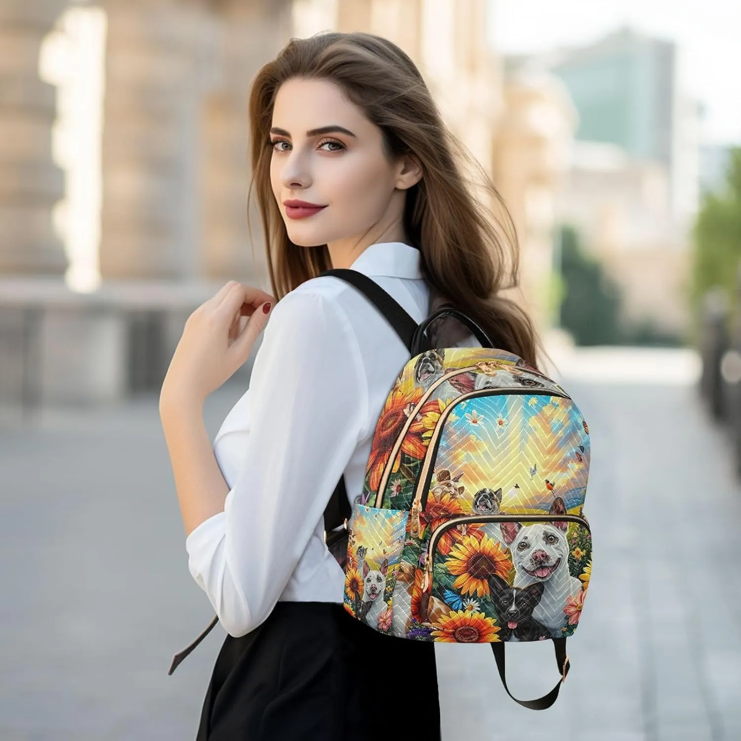 ODAWA Cute Pets Floral Sunset Quilted Backpacks Small Backpack Purse Anti Theft Travel Backpack
