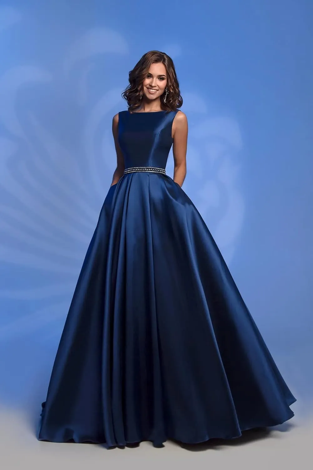 OFEECHUN Women's A Line Satin Prom Dresses Long Ball Gown Ruched Beaded Evening Formal Party Dress with Pockets