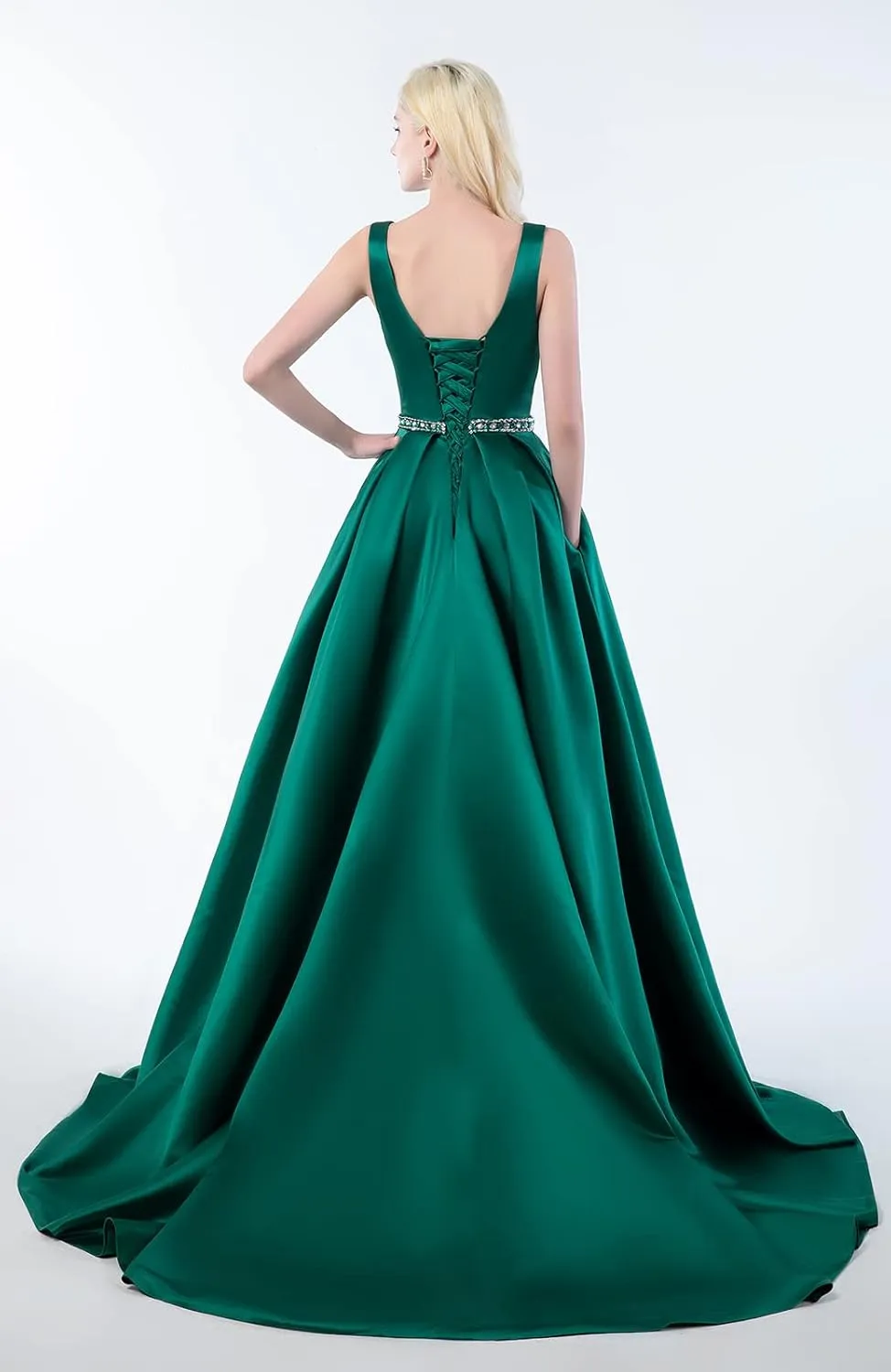 OFEECHUN Women's A Line Satin Prom Dresses Long Ball Gown Ruched Beaded Evening Formal Party Dress with Pockets