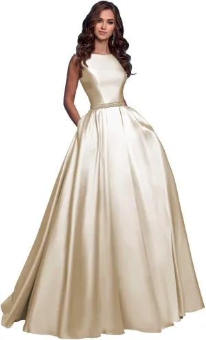 OFEECHUN Women's A Line Satin Prom Dresses Long Ball Gown Ruched Beaded Evening Formal Party Dress with Pockets