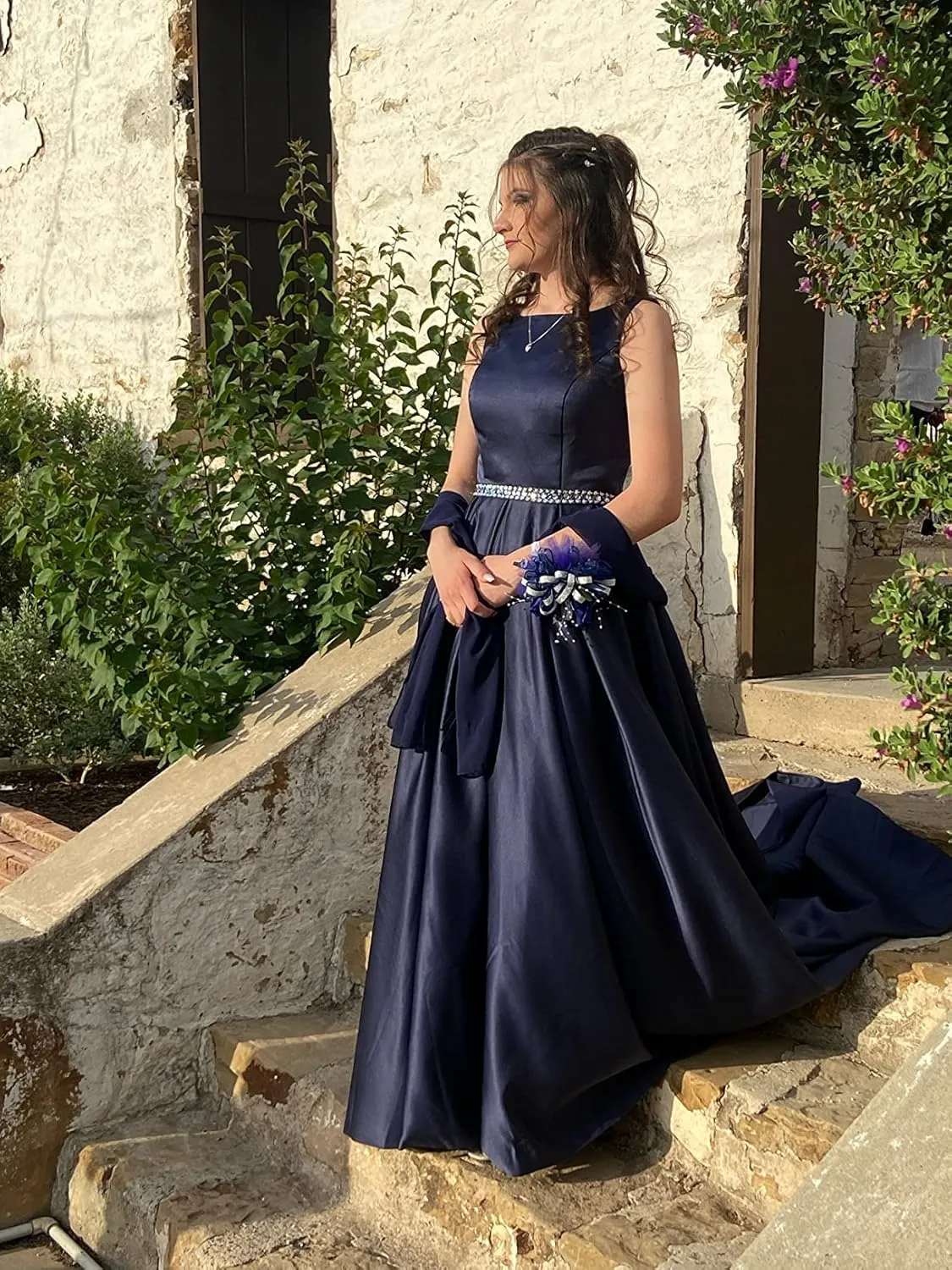 OFEECHUN Women's A Line Satin Prom Dresses Long Ball Gown Ruched Beaded Evening Formal Party Dress with Pockets