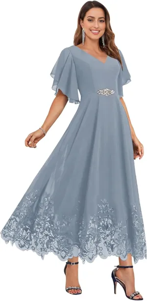 OFEECHUN Women's V Neck Chiffon Mother of The Bride Dresses for Wedding Tea Length Lace Formal Dress with Sleeves