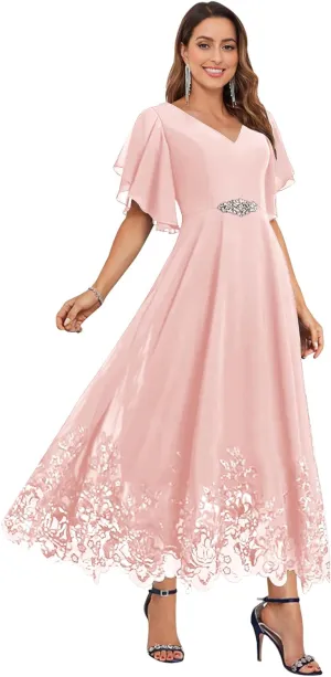 OFEECHUN Women's V Neck Chiffon Mother of The Bride Dresses for Wedding Tea Length Lace Formal Dress with Sleeves