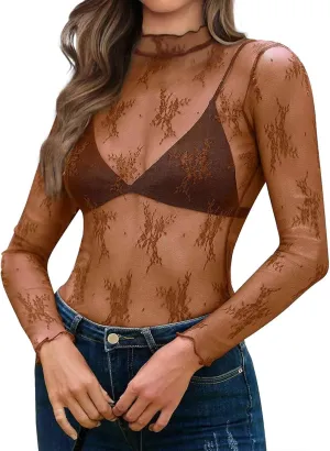 OFEEFAN Womens Long Sleeve Mesh Top See Through Mock Neck Sheer Blouses