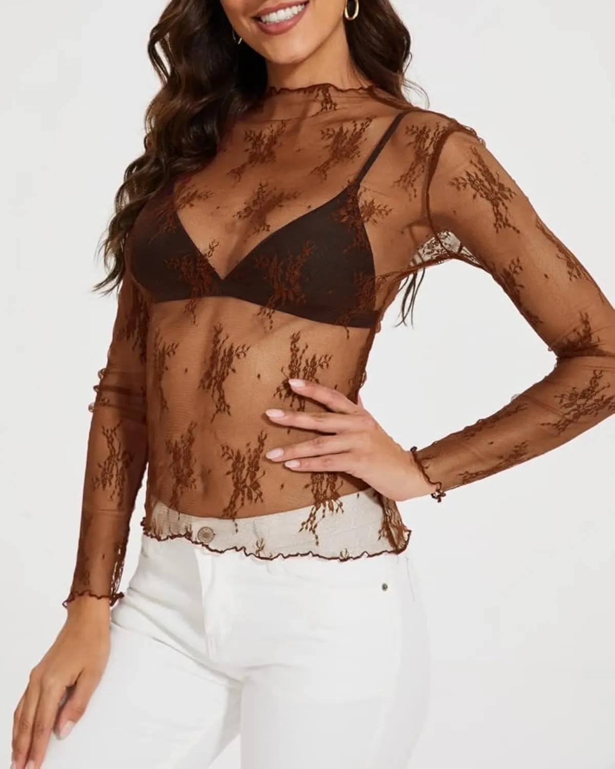 OFEEFAN Womens Long Sleeve Mesh Top See Through Mock Neck Sheer Blouses