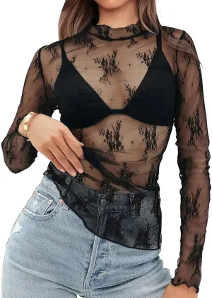 OFEEFAN Womens Long Sleeve Mesh Top See Through Mock Neck Sheer Blouses