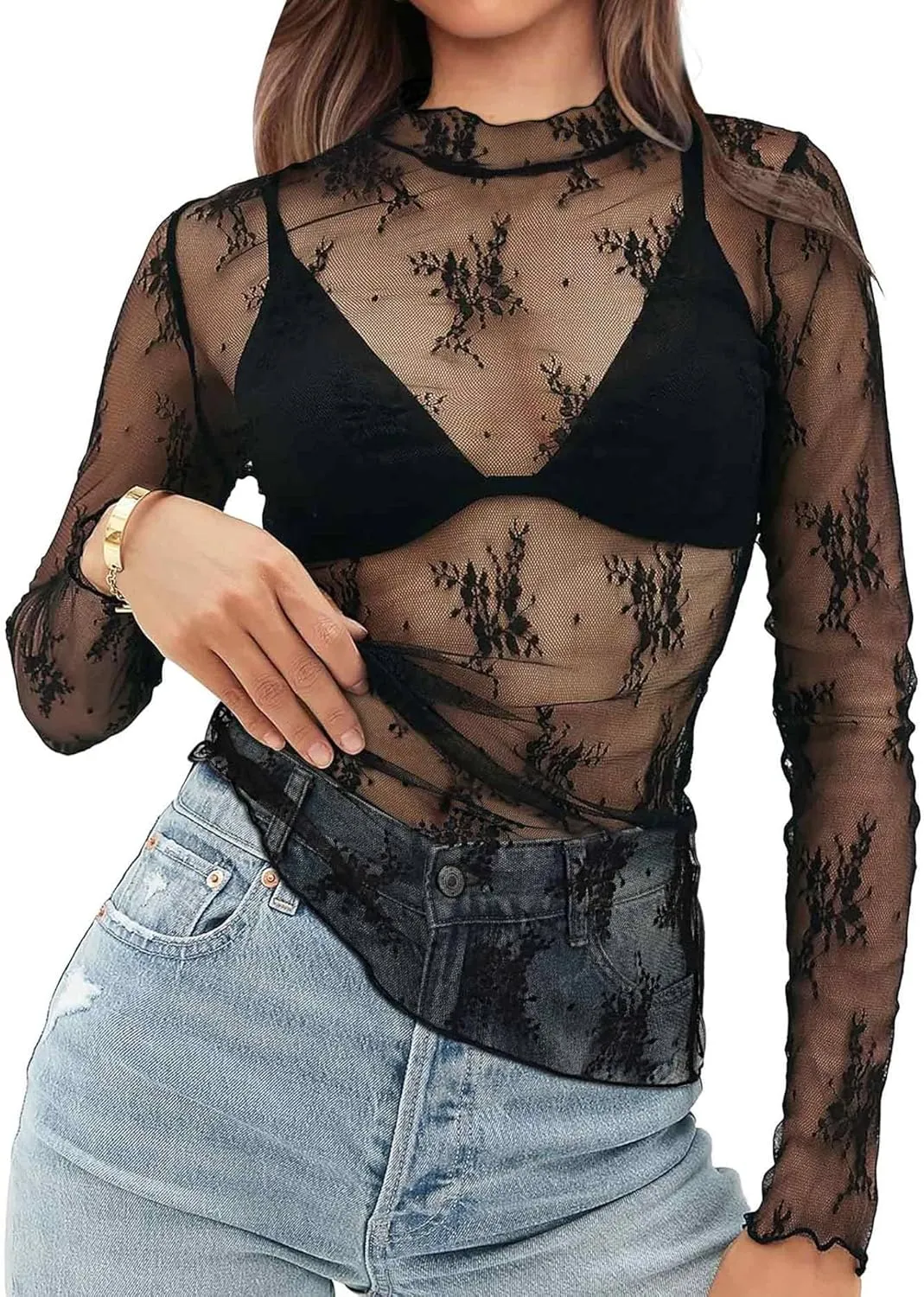 OFEEFAN Womens Long Sleeve Mesh Top See Through Mock Neck Sheer Blouses