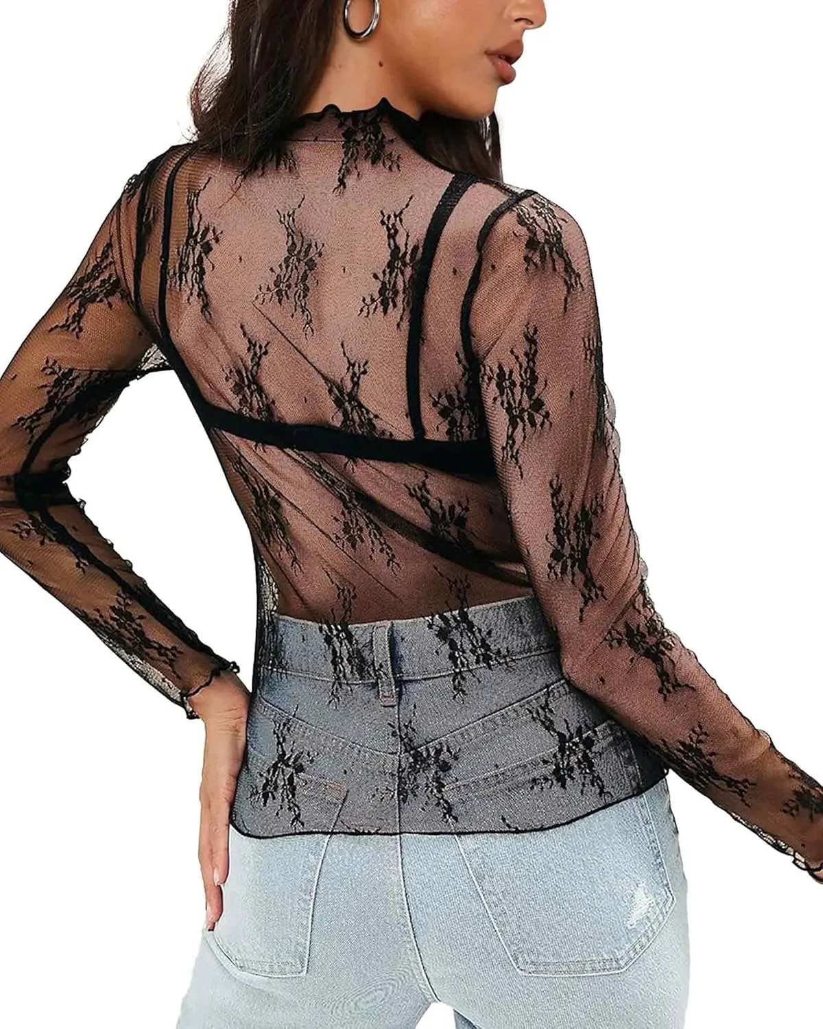 OFEEFAN Womens Long Sleeve Mesh Top See Through Mock Neck Sheer Blouses