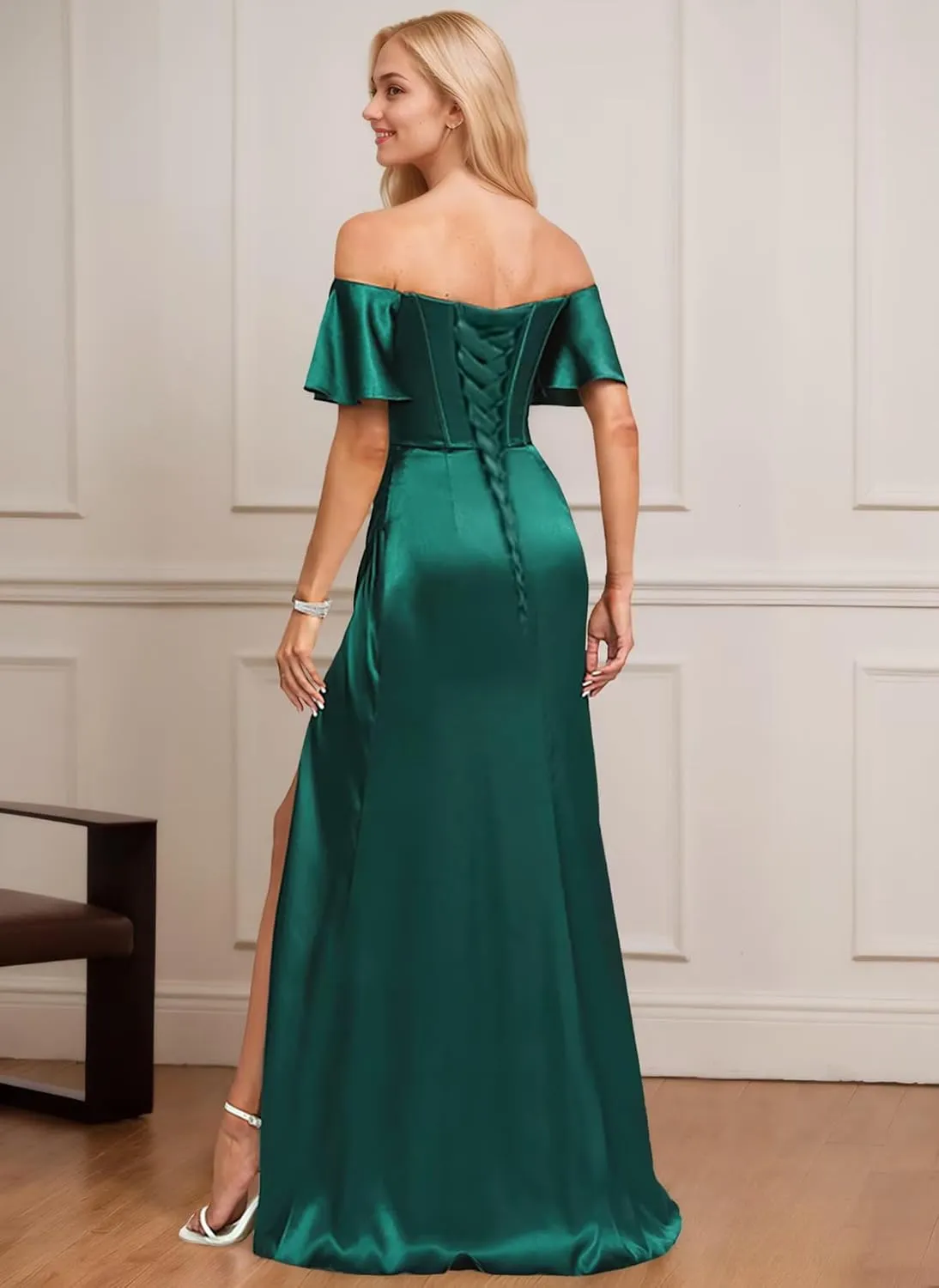 Off The Shoulder Bridesmaid Dresses Draped Long Satin Bodyon Formal Evening Prom Gowns with Slit