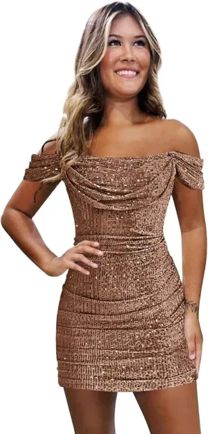 Off The Shoulder Sequin Homecoming Dresses for Teens 2024 Sparkly Short Bodycon Prom Mini Cocktail Gowns