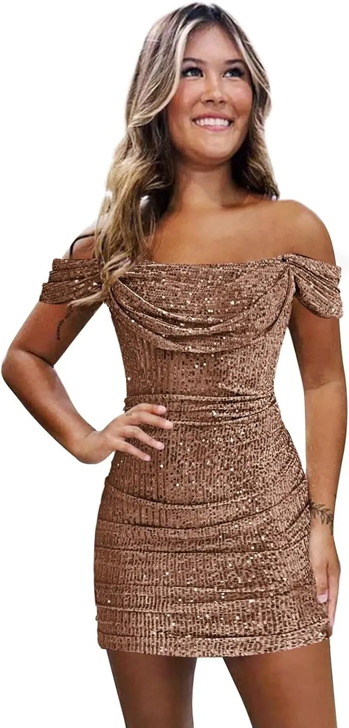 Off The Shoulder Sequin Homecoming Dresses for Teens 2024 Sparkly Short Bodycon Prom Mini Cocktail Gowns