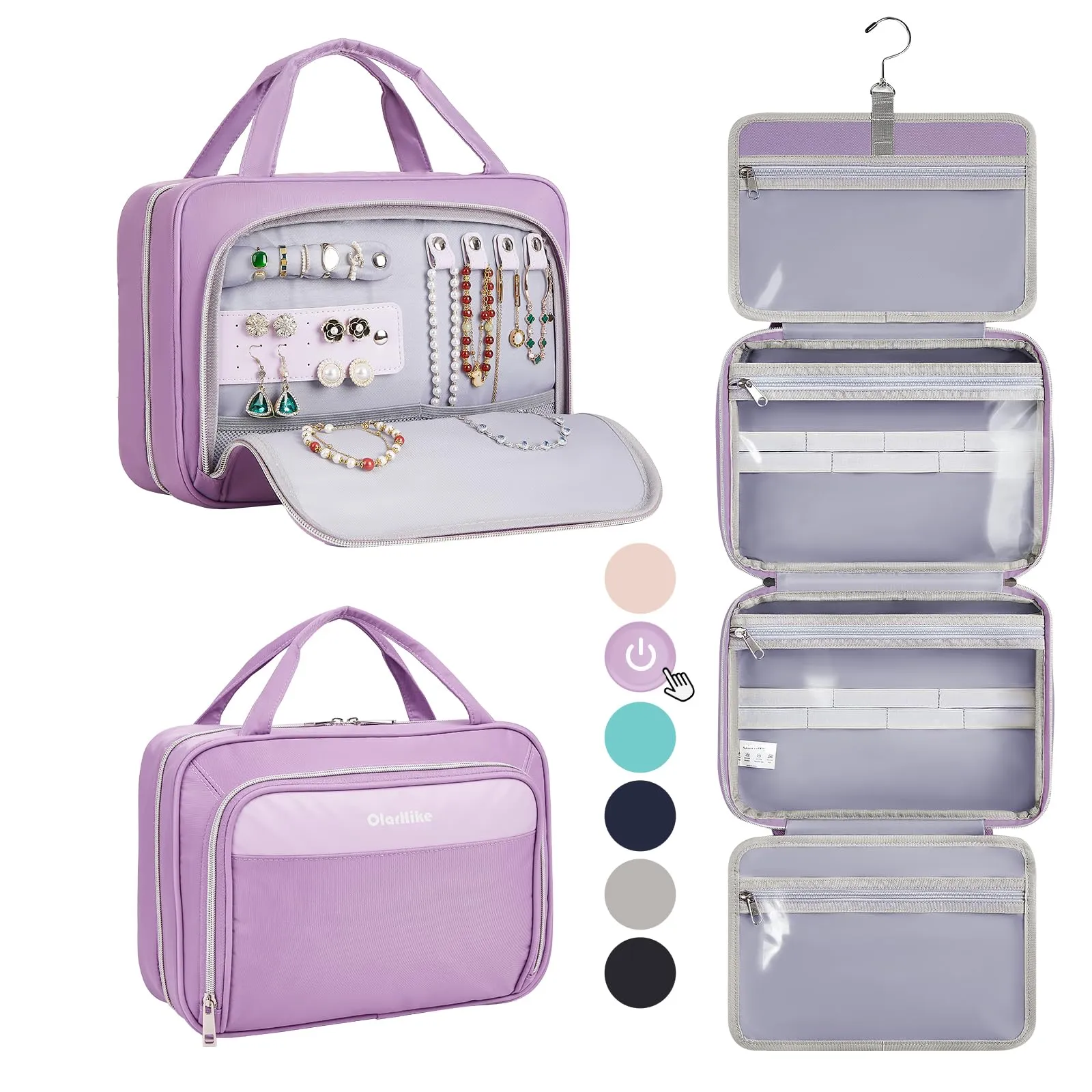 OlarHike Toiletry Bag,Large Size Waterproof Leather Hanging Bags, Makeup Jewelry 3 in 1 Essentials Travel Packing Organizers, Fulled-Sized Family Pack, Shampoo, Conditioner, Brushes Set (Purple)