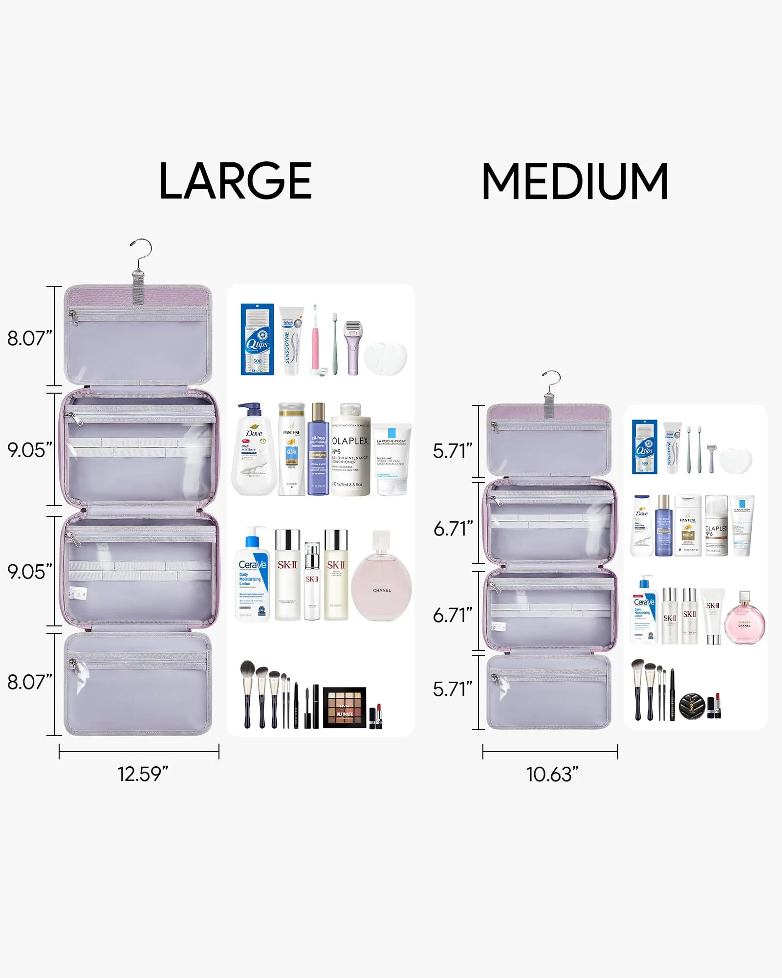 OlarHike Toiletry Bag,Large Size Waterproof Leather Hanging Bags, Makeup Jewelry 3 in 1 Essentials Travel Packing Organizers, Fulled-Sized Family Pack, Shampoo, Conditioner, Brushes Set (Purple)