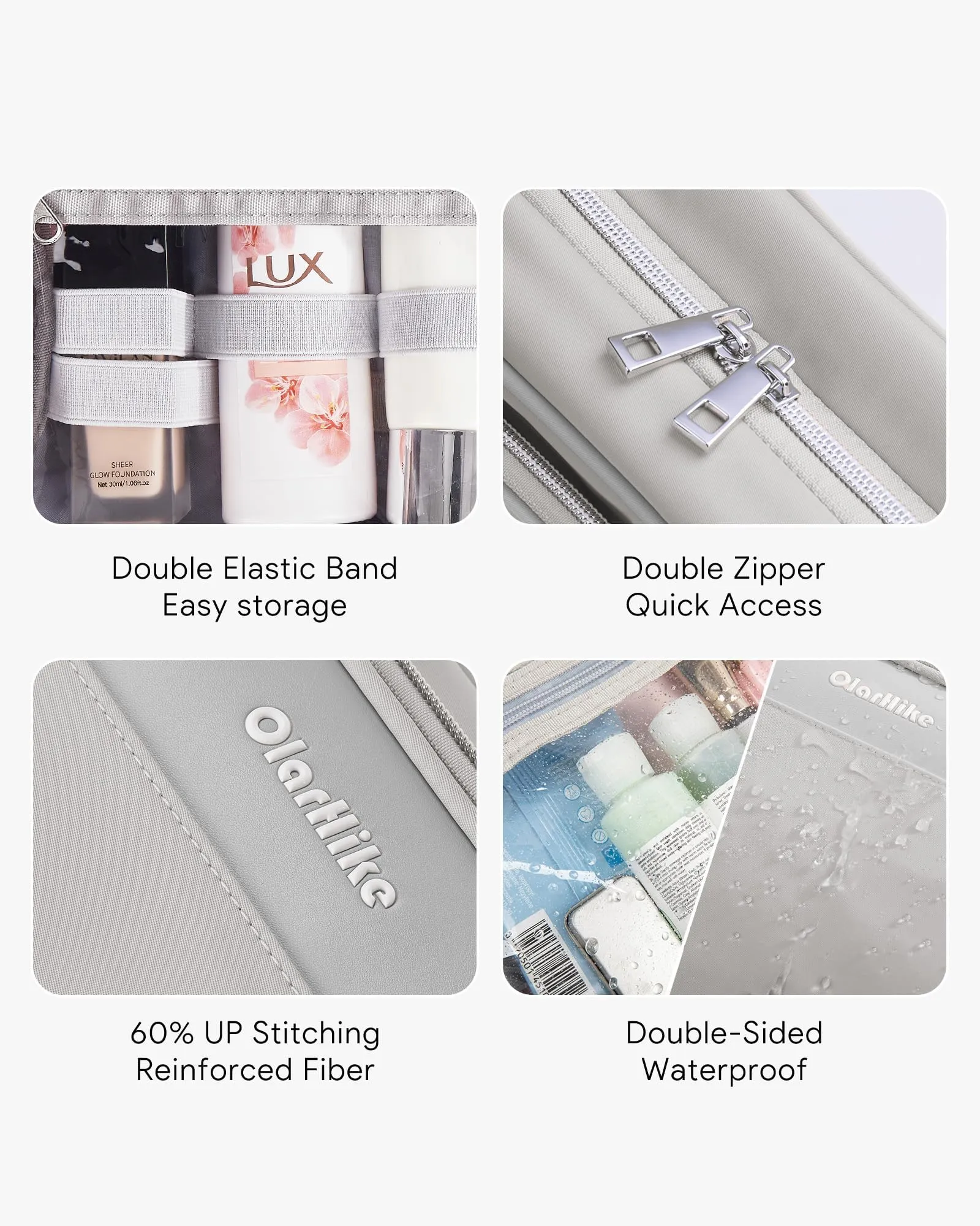 OlarHike Travel Toiletry Hanging Bag Waterproof Bags, Makeup, Toiletries, Jewelry, Travel Essentials 3 in 1 Packing Organizers, Cosmetic Full-Sized Container, Large Capacity for Women Grey