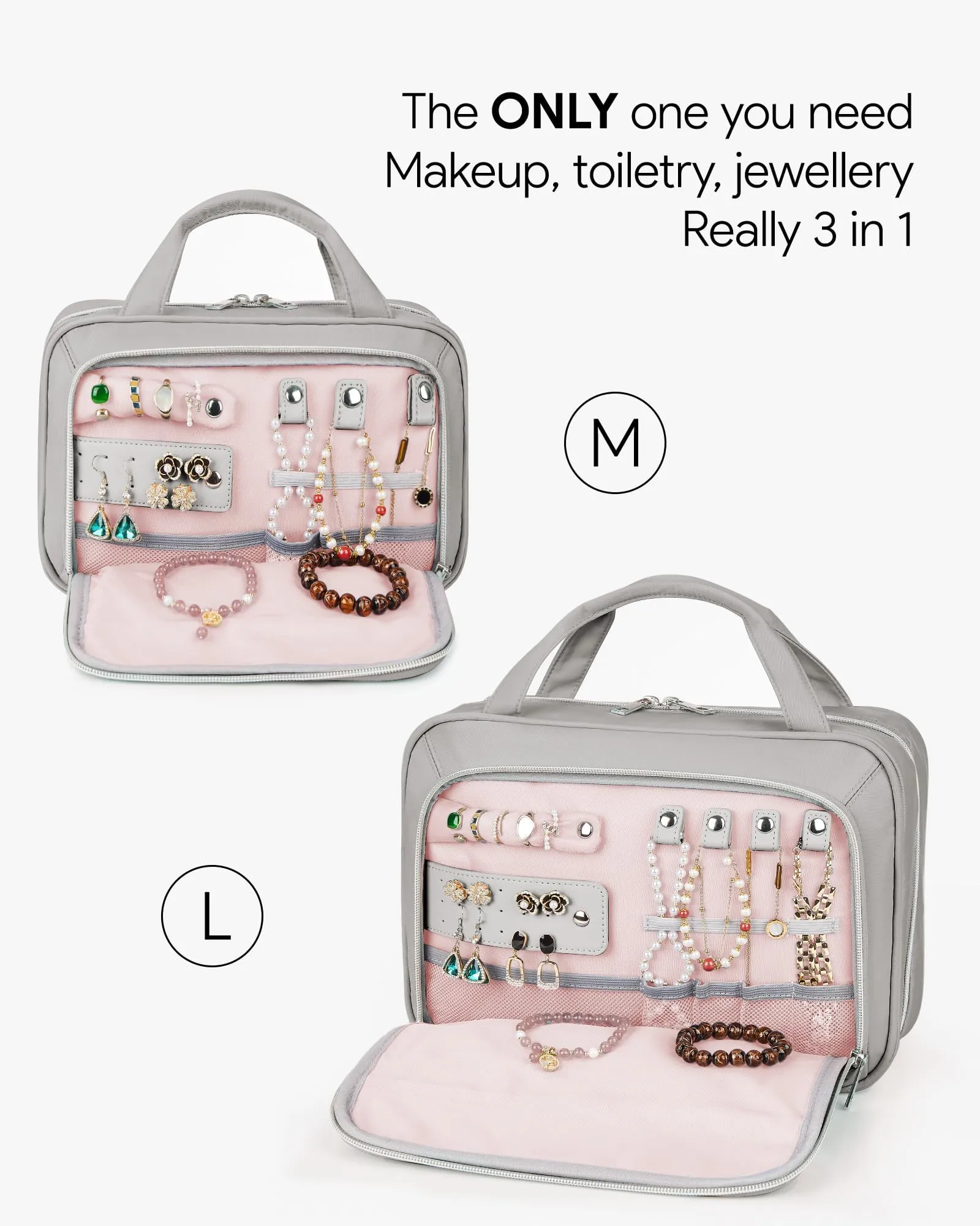 OlarHike Travel Toiletry Hanging Bag Waterproof Bags, Makeup, Toiletries, Jewelry, Travel Essentials 3 in 1 Packing Organizers, Cosmetic Full-Sized Container, Large Capacity for Women Grey