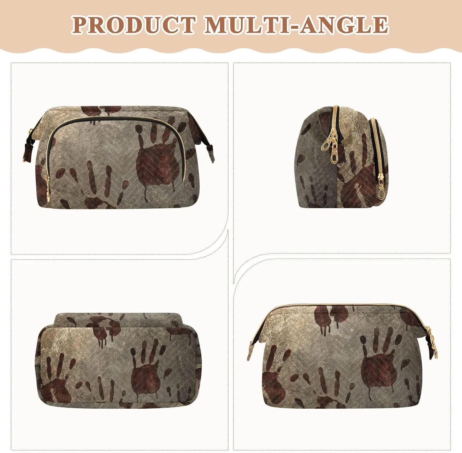 Old Vintage Background with Bloody Handprints Blood Hands Women Cosmetic Bag Makeup Bag Stylish Trip Beauty Bag Travel Toiletry Bag with Bottle Organizer 10.2 x 5.9 x 6.7 inch