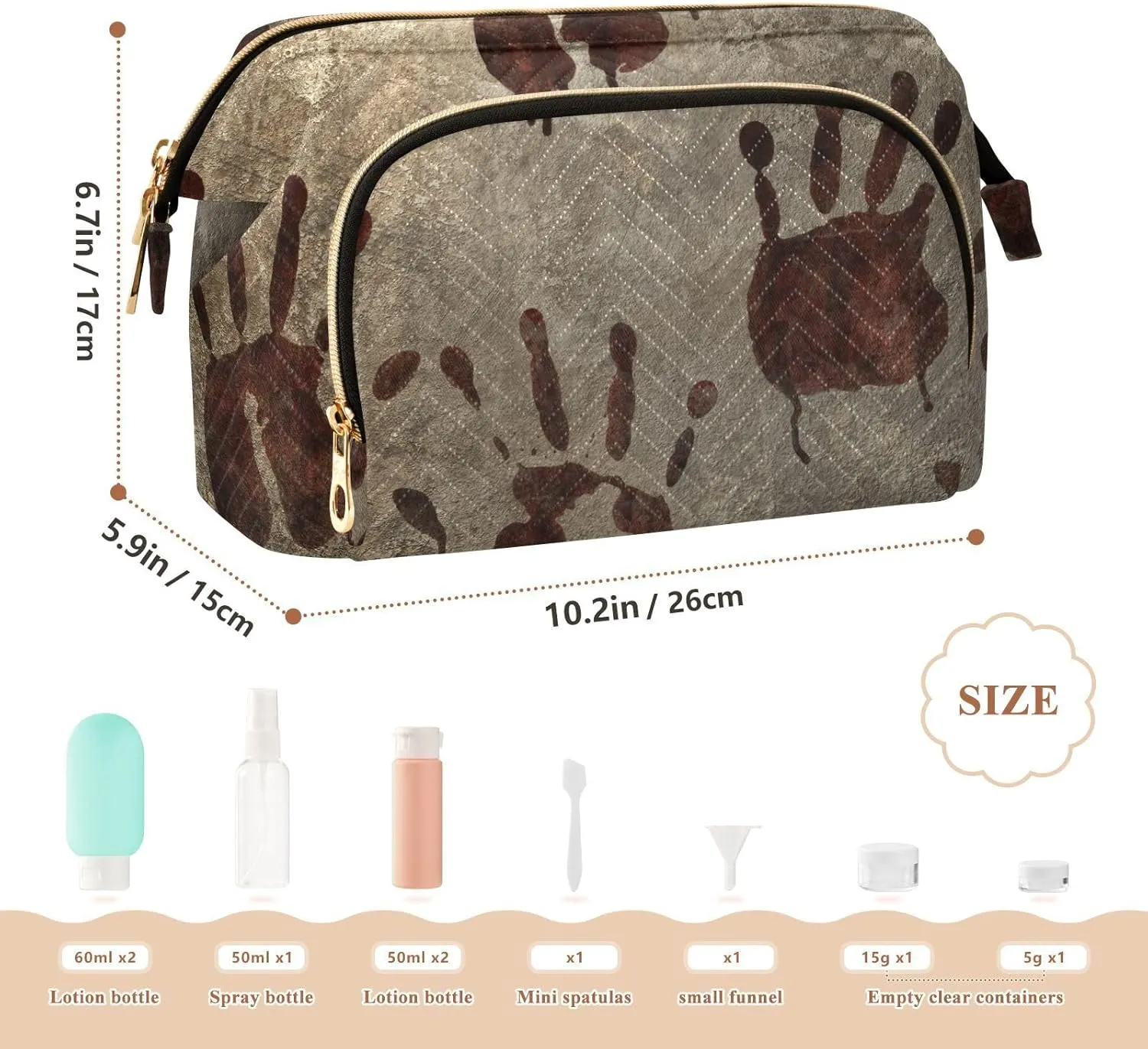 Old Vintage Background with Bloody Handprints Blood Hands Women Cosmetic Bag Makeup Bag Stylish Trip Beauty Bag Travel Toiletry Bag with Bottle Organizer 10.2 x 5.9 x 6.7 inch