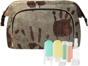 Old Vintage Background with Bloody Handprints Blood Hands Women Cosmetic Bag Makeup Bag Stylish Trip Beauty Bag Travel Toiletry Bag with Bottle Organizer 10.2 x 5.9 x 6.7 inch