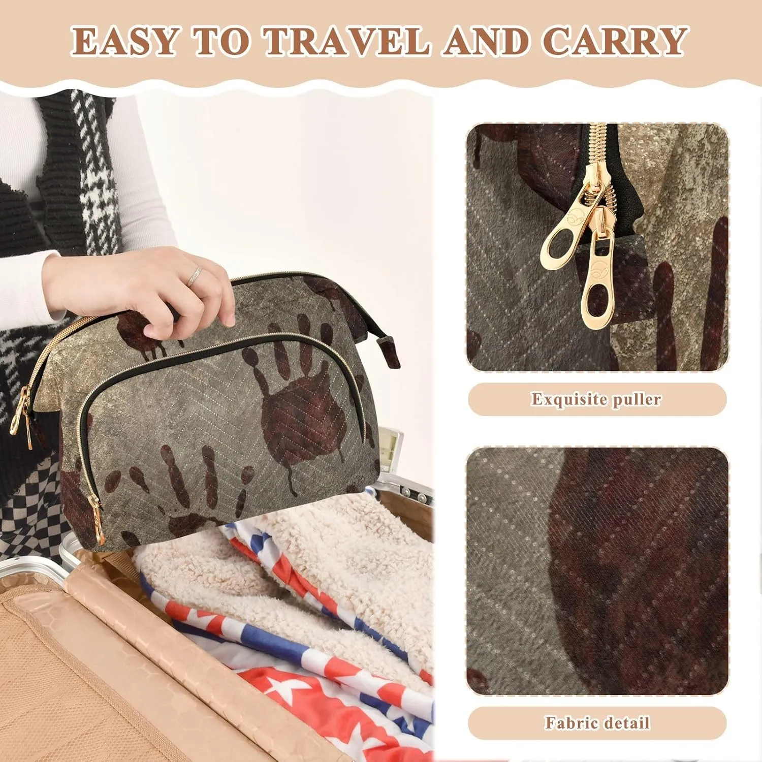 Old Vintage Background with Bloody Handprints Blood Hands Women Cosmetic Bag Makeup Bag Stylish Trip Beauty Bag Travel Toiletry Bag with Bottle Organizer 10.2 x 5.9 x 6.7 inch