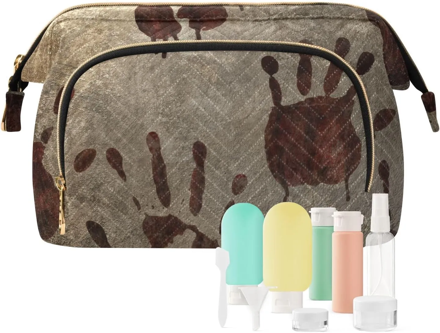 Old Vintage Background with Bloody Handprints Blood Hands Women Cosmetic Bag Makeup Bag Stylish Trip Beauty Bag Travel Toiletry Bag with Bottle Organizer 10.2 x 5.9 x 6.7 inch