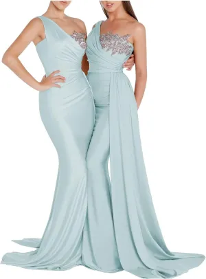 One Shoulder Beaded Bridesmaid Dresses for Women 2025 Long Satin Mermaid Ruched Formal Party Dress with Train YK510
