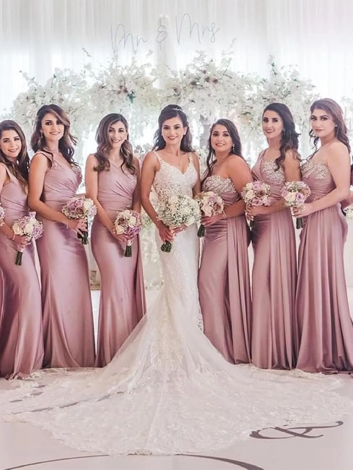 One Shoulder Beaded Bridesmaid Dresses for Women 2025 Long Satin Mermaid Ruched Formal Party Dress with Train YK510