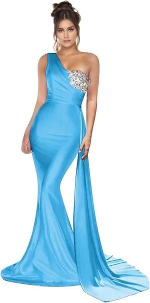 One Shoulder Beaded Bridesmaid Dresses for Women 2025 Long Satin Mermaid Ruched Formal Party Dress with Train YK510