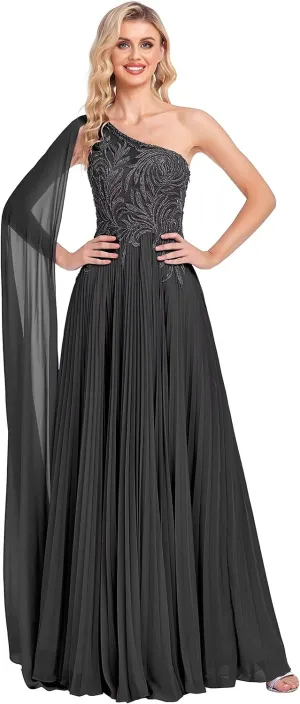 One Shoulder Prom Dresses 2025 Lace Appliques Evening Dress Long Chiffon A-line Flowy Formal Dresses for Women