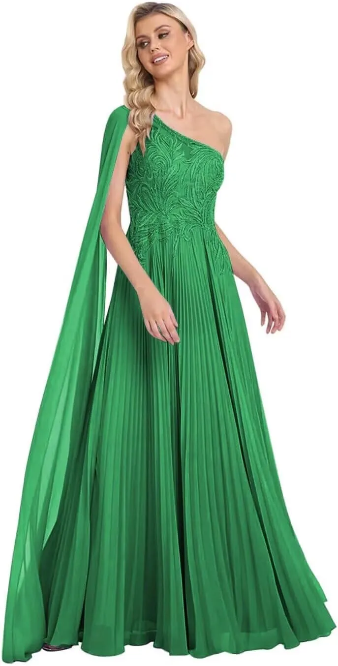 One Shoulder Prom Dresses 2025 Lace Appliques Evening Dress Long Chiffon A-line Flowy Formal Dresses for Women