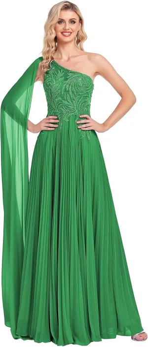 One Shoulder Prom Dresses 2025 Lace Appliques Evening Dress Long Chiffon A-line Flowy Formal Dresses for Women