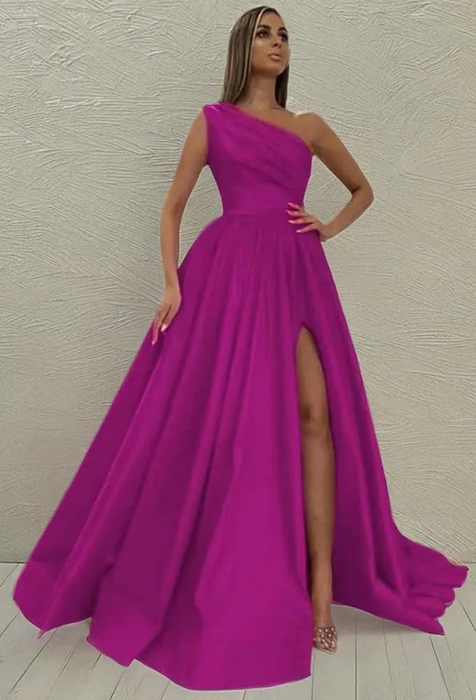 One Shoulder Prom Dresses Long 2025 New Satin Ball Gowns Formal Evening Dress with Slit,R13
