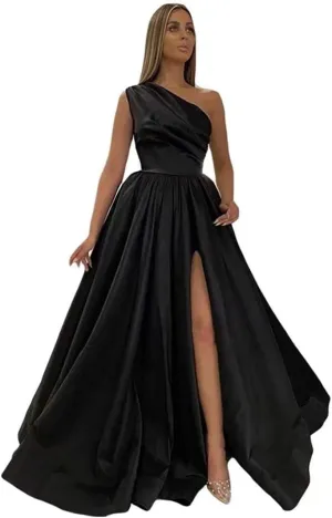 One Shoulder Prom Dresses Long 2025 New Satin Ball Gowns Formal Evening Dress with Slit,R13