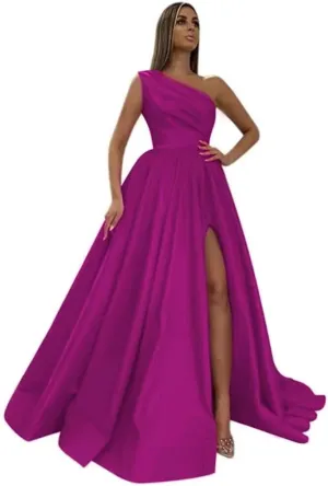 One Shoulder Prom Dresses Long 2025 New Satin Ball Gowns Formal Evening Dress with Slit,R13
