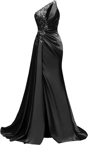 One Shoulder Satin Prom Dresses Beaded Formal Dress Mermaid Evening Party Dresses Long for Women with Slit