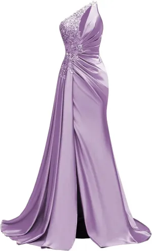 One Shoulder Satin Prom Dresses Beaded Formal Dress Mermaid Evening Party Dresses Long for Women with Slit