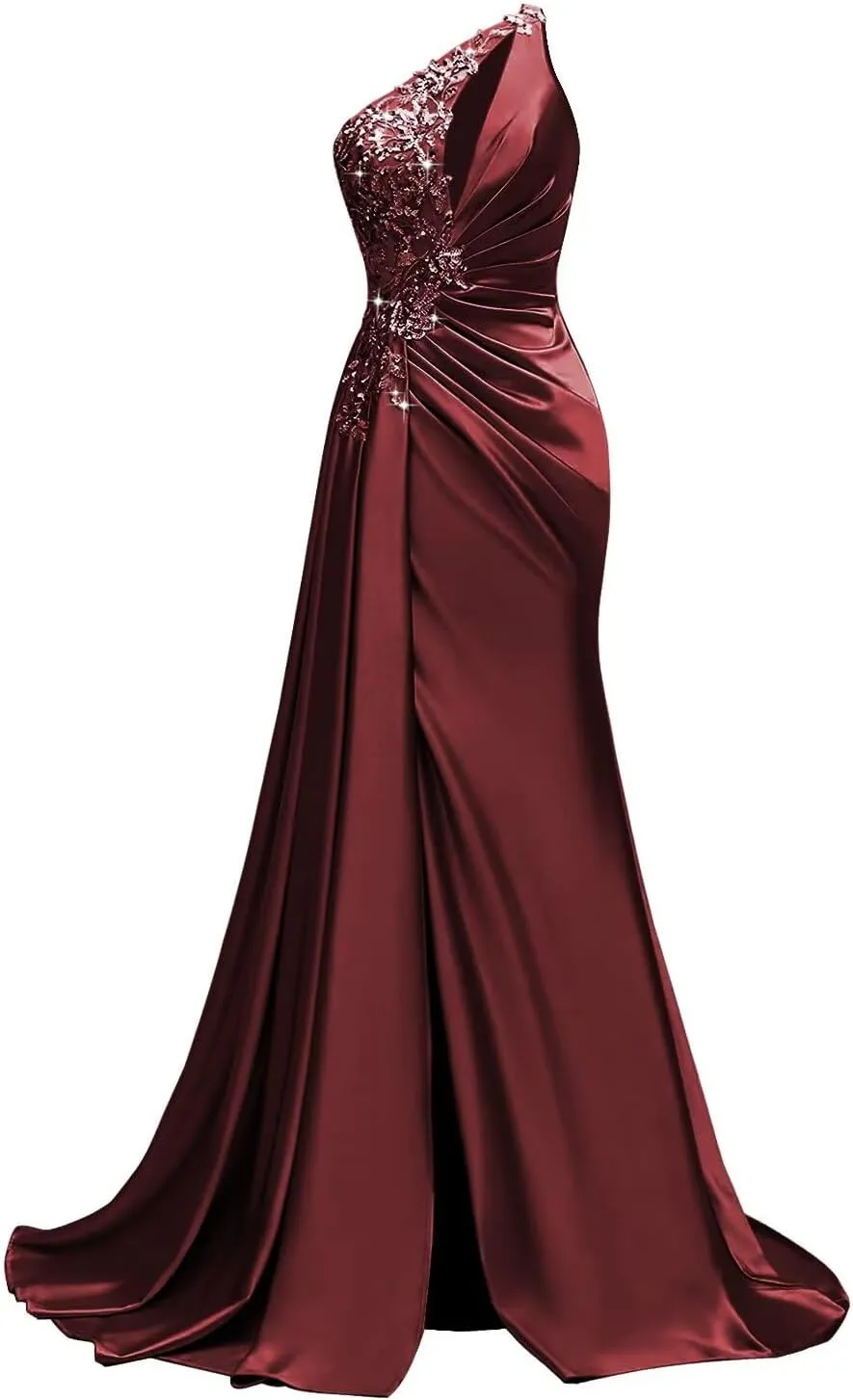 One Shoulder Satin Prom Dresses Beaded Formal Dress Mermaid Evening Party Dresses Long for Women with Slit